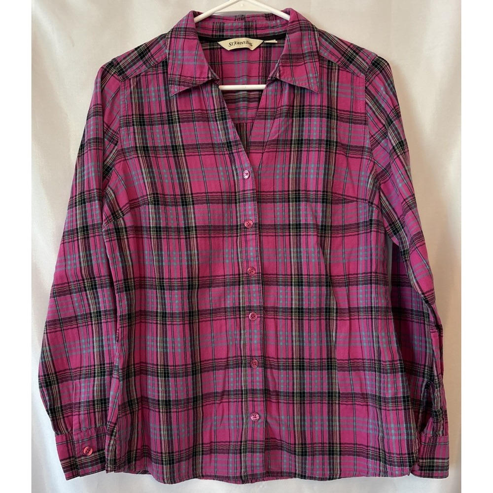 St. John's Bay Women's Size M Pink Plaid Button Up Cotton Long Sleeve Western
